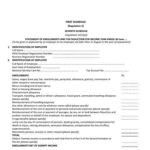 Document preview: Specimen format of Statement of Emoluments — Document, Mauritius (CERFA n°SOE)