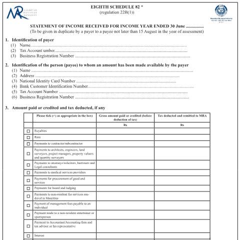 Document preview: Specimen format of Statement of Income Received — Reference, Mauritius (CERFA n°TDS8thSchedule)