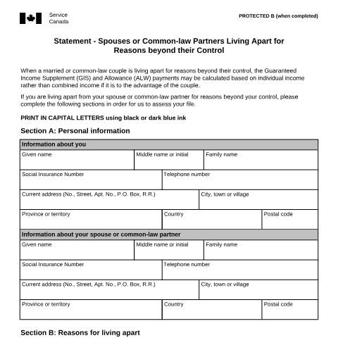 Document preview: Statement - Spouses or Common-law Partners Living Apart for Reasons beyond their Control — Income Security Programs, Canada (CERFA n°ISP3040)
