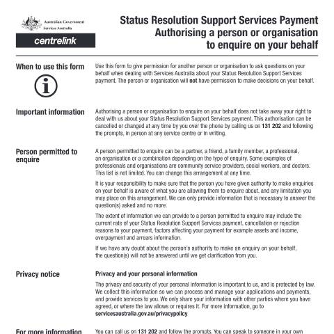 Document preview: Status Resolution Support Services Payment - authorising a person or organisation to enquire on your behalf — Services Australia — Individuals (by code), Australia (CERFA n°SU698)