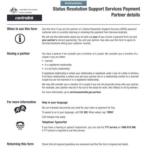 Document preview: Status Resolution Support Services Payment Partner details — Services Australia — Individuals (by code), Australia (CERFA n°SU700)