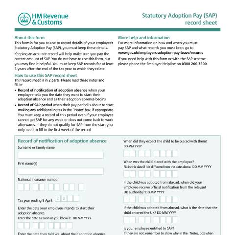 Document preview: Statutory Adoption Pay: record sheet (SAP2) — HM Revenue & Customs, United Kingdom