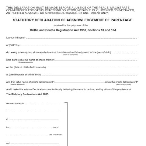 Document preview: Statutory declaration of acknowledgement of parentage form — Home Office, United Kingdom