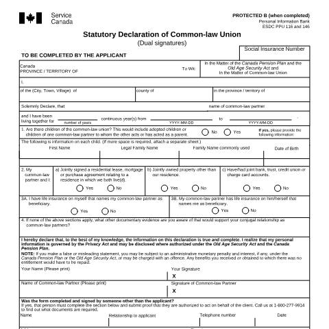 Document preview: Statutory Declaration of Common-law Union (Dual Signatures) — Income Security Programs, Canada (CERFA n°ISP3004CPP)