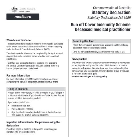 Document preview: Statutory declaration ROCS - Deceased medical practitioner form (MO033) — Services Australia — Health professionals, Australia (CERFA n°MO033)