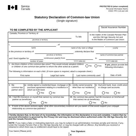 Document preview: Statutory Declaration of Common-law Union (Single signature) — Income Security Programs, Canada (CERFA n°ISP3104OAS)