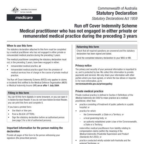 Document preview: Statutory declaration ROCS - Medical practitioner who has not engaged in either private or remunerated medical practice during the preceding 3 years form (MO034) — Services Australia — Health professionals, Australia (CERFA n°MO034)