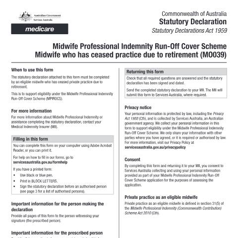 Document preview: Statutory declaration ROCS - Midwife who has ceased practice form (MO039) — Services Australia — Health professionals, Australia (CERFA n°MO039)
