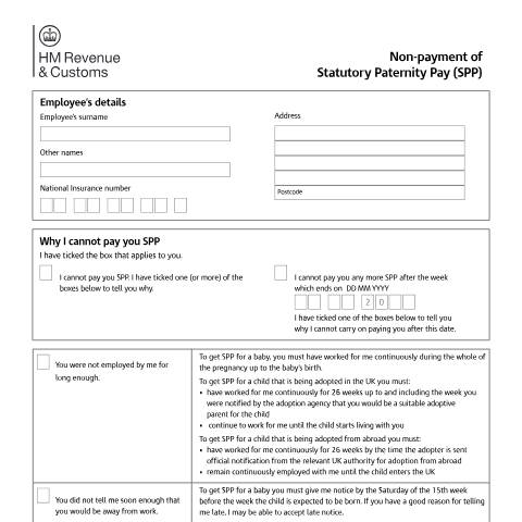 Document preview: Statutory Paternity Pay: non-payment explanation (SPP1) — HM Revenue & Customs, United Kingdom