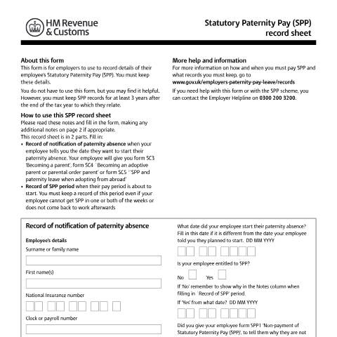 Document preview: Statutory Paternity Pay: record sheet (SPP2) — HM Revenue & Customs, United Kingdom