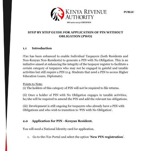 Document preview: Step By Step Guide for Application Of PIN Without Obligation 2025 — Form, Kenya (CERFA n°Step-By-Step-Guide-for-Application-Of-PIN-Without-Obligation-2025)
