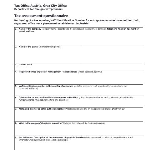 Dokumentvorschau: Verf19E — Tax assessment questionnaire — Steuern, Österreich (CERFA n°Verf19E)