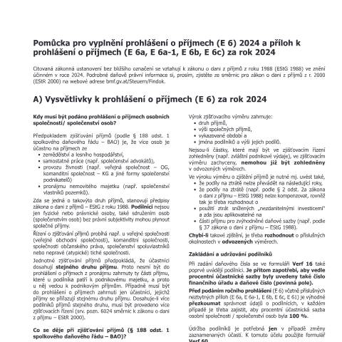 Dokumentvorschau: E6-Erl-CZ — Pomůcka pro vyplnění prohlášení o příjmech (E 6) 2024 a příloh k prohlášení o příjmech (E 6a, E 6a-1, E 6b, E 6c) za rok 2024 — Steuern, Österreich (CERFA n°E6-Erl-CZ)