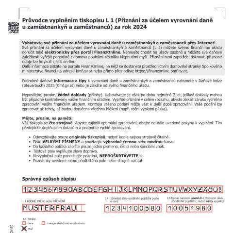 Dokumentvorschau: L2-CZ — Průvodce vyplněním tiskopisu L 1 (Přiznání za účelem vyrovnání daně u zaměstnankyň a zaměstnanců) za rok 2024 — Steuern, Österreich (CERFA n°L2-CZ)