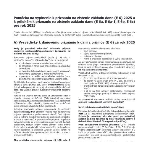 Dokumentvorschau: E6-Erl-SK — Pomôcka na vyplnenie k priznaniu na zistenie základu dane (E 6) 2025 a k prílohám k priznaniu na zistenie základu dane (E 6a, E 6a-1, E 6b, E 6c) pre rok 2025 — Steuern, Österreich (CERFA n°E6-Erl-SK)
