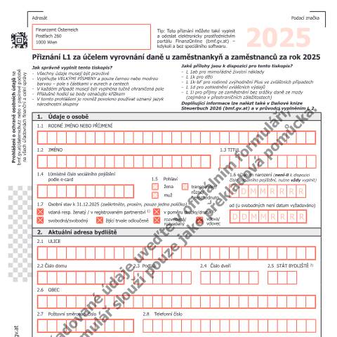 Dokumentvorschau: L1-CS — Přiznání L1 za účelem vyrovnání daně u zaměstnankyň a zaměstnanců za rok 2025 — Steuern, Österreich (CERFA n°L1-CS)