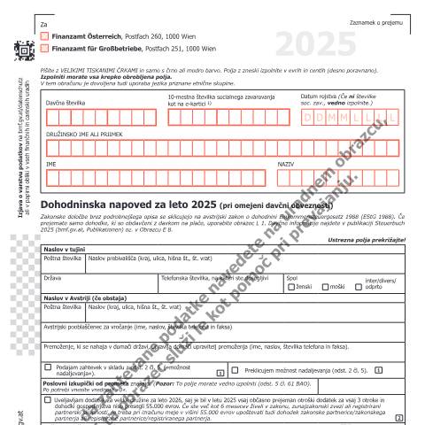 Dokumentvorschau: E7-SL — Dohodninska napoved za leto 2025 (pri omejeni davčni obveznosti) — Steuern, Österreich (CERFA n°E7-SL)