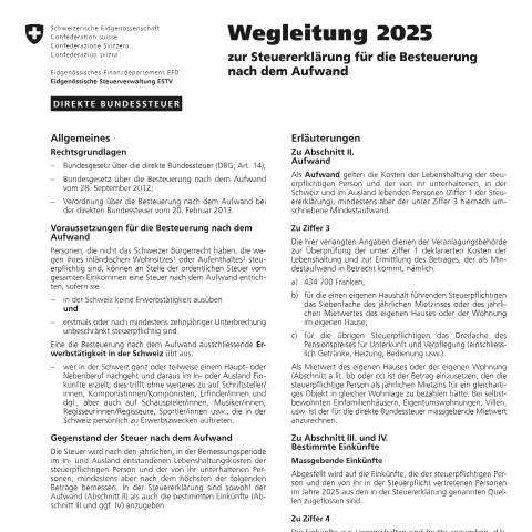 Dokumentvorschau: 3a - Wegleitung zur Steuererklärung für die Besteuerung nach dem Aufwand (Formular 3) PDF 205.25 kB 6. August 2025 — Direkte Bundessteuer, Schweiz (CERFA n°3a)
