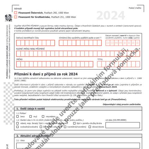 Dokumentvorschau: E1-CZ — Přiznání k dani z příjmů za rok 2024 — Steuern, Österreich (CERFA n°E1-CZ)