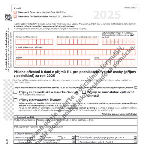 Dokumentvorschau: E1a-CS — Příloha přiznání k dani z příjmů E 1 pro podnikatele-fyzické osoby (příjmy z podnikání) za rok 2025 — Steuern, Österreich (CERFA n°E1a-CS)