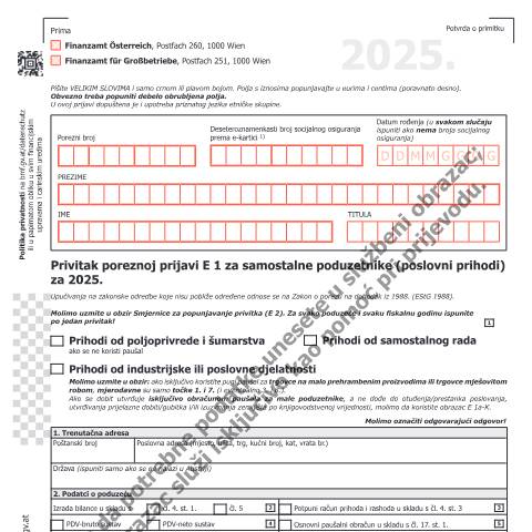 Dokumentvorschau: E1a-HR — Privitak poreznoj prijavi E 1 za samostalne poduzetnike (poslovni prihodi) za 2025. — Steuern, Österreich (CERFA n°E1a-HR)