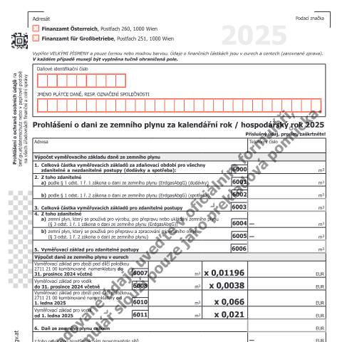 Dokumentvorschau: EGA1-CS — Prohlášení o dani ze zemního plynu za kalendářní rok/hospodářský rok 2025 — Steuern, Österreich (CERFA n°EGA1-CS)