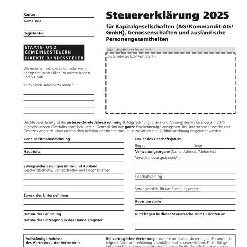 Dokumentvorschau: 5 - Steuererklärung für Kapitalgesellschaften (AG / Kommandit-AG / GmbH), Genossenschaften und ausländische Personengesamtheiten — Direkte Bundessteuer, Schweiz (CERFA n°5)