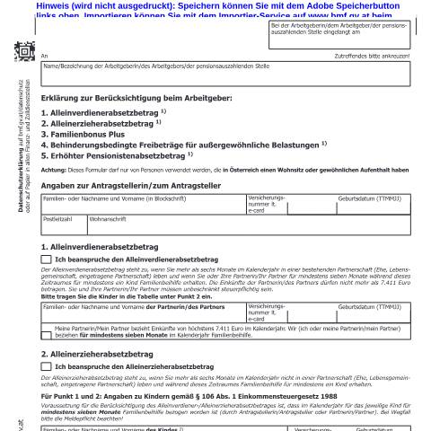 Dokumentvorschau: E30 — Erklärung zur Berücksichtigung des Alleinverdienerabsetzbetrages, Alleinerzieherabsetzbetrages, Familienbonus Plus, behinderungsbedingter Freibeträge für außergewöhnliche Belastungen oder erhöhten Pensionistenabsetzbetrages — Steuern, Österreich (CERFA n°E30)