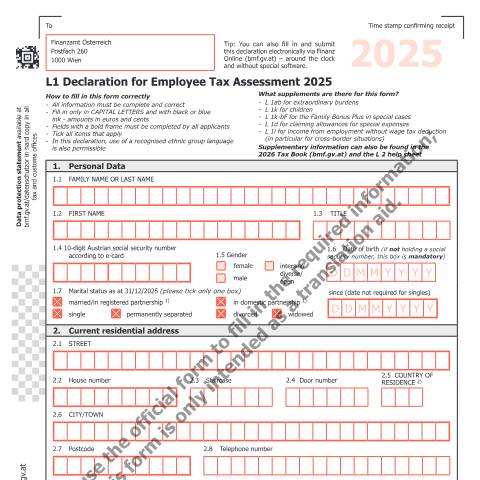 Dokumentvorschau: L1-EN — L1 Declaration for Employee Tax Assessment 2025 — Steuern, Österreich (CERFA n°L1-EN)