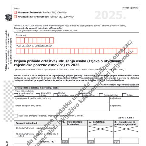 Dokumentvorschau: E6-HR — Prijava prihoda ortaštva/udruženja osoba (Izjava o utvrđivanju zajedničke porezne osnovice) za 2025. — Steuern, Österreich (CERFA n°E6-HR)