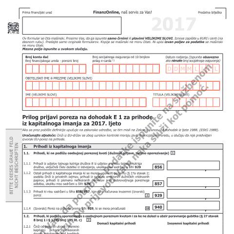 Dokumentvorschau: E1kv-HR — Prilog prijavi poreza na dohodak E 1 za prihode iz kapitalnoga imanja za 2017. ljeto — Steuern, Österreich (CERFA n°E1kv-HR)