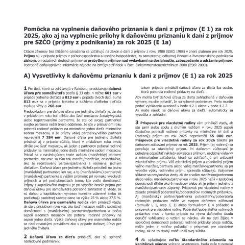 Dokumentvorschau: E2-SK — Pomôcka na vyplnenie daňového priznania k dani z príjmov (E 1) za rok 2025, ako aj na vyplnenie prílohy k daňovému priznaniu k dani z príjmov pre SZČO (príjmy z podnikania) za rok 2025 (E 1a) — Steuern, Österreich (CERFA n°E2-SK)