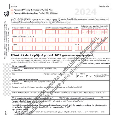 Dokumentvorschau: E7-CZ — Přiznání k dani z příjmů pro rok 2024 (při omezené daňové povinnosti) — Steuern, Österreich (CERFA n°E7-CZ)