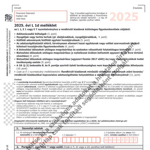 Dokumentvorschau: L1d-HU — 2025. évi L 1d melléklet az L 1, E 1 vagy E 7 nyomtatványhoz a rendkívüli kiadások különleges figyelembevétele céljából: — Steuern, Österreich (CERFA n°L1d-HU)