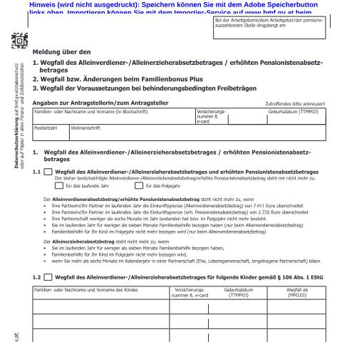 Dokumentvorschau: E31 — Meldung über den - Wegfall des Alleinverdiener-/Alleinerzieherabsetzbetrages / erhöhten Pensionistenabsetzbetrages - Wegfall bzw. Änderungen beim Familienbonus Plus - Wegfall der Voraussetzungen bei behinderungsbedingten Freibeträgen — Steuern, Österreich (CERFA n°E31)