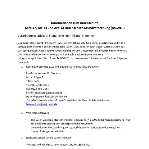 Dokumentvorschau: Steuerliche_Identifikationsnr — BZSt/Informationen_zum_Datenschutz, Deutschland (CERFA n°Steuerliche_Identifikationsnr)