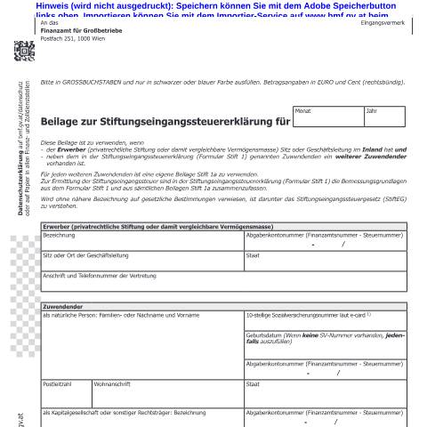 Dokumentvorschau: Stift1a — Beilage zur Stiftungseingangssteuererklärung — Steuern, Österreich (CERFA n°Stift1a)