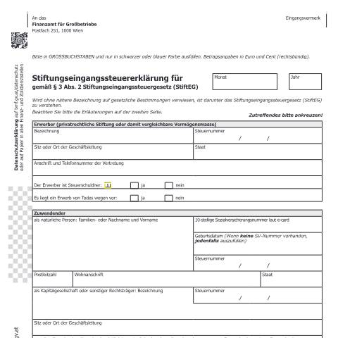 Dokumentvorschau: Stift1 — Stiftungseingangssteuererklärung gemäß § 3 Abs. 2 Stiftungseingangssteuergesetz (StiftEG) — Steuern, Österreich (CERFA n°Stift1)