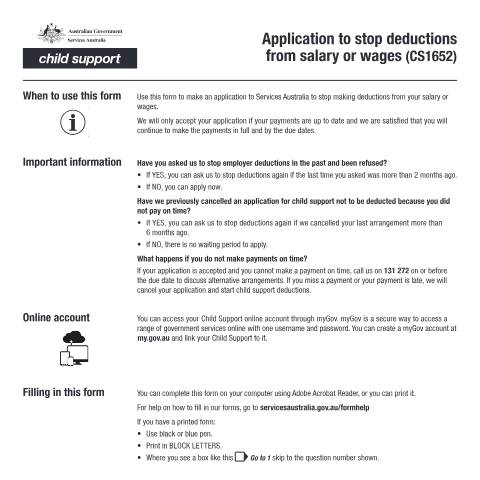 Document preview: Application to stop deductions from salary or wages — Services Australia — Individuals (by code), Australia (CERFA n°CS1652)