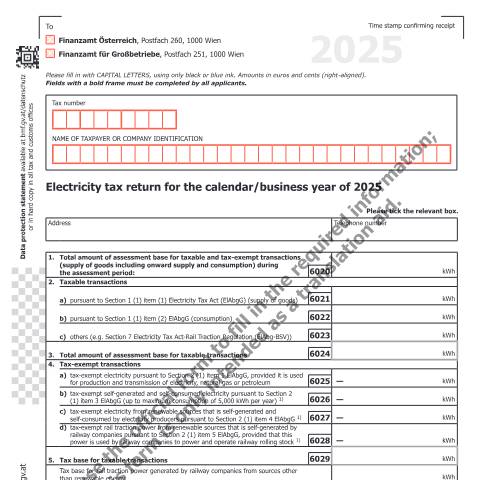 Dokumentvorschau: ELA1-EN — Electricity tax return for the calender/business year of 2025 — Steuern, Österreich (CERFA n°ELA1-EN)