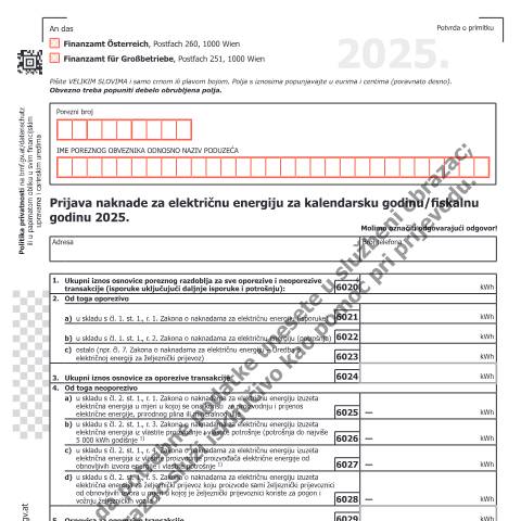 Dokumentvorschau: ELA1-HR — Prijava naknade za električnu energiju za kalendarsku godinu/fiskalnu godinu 2025. — Steuern, Österreich (CERFA n°ELA1-HR)