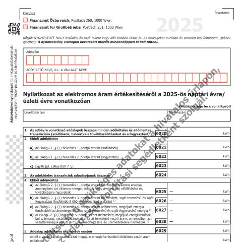 Dokumentvorschau: ELA1-HU — Nyilatkozat az elektromos áram értékesítéséről a 2025-ös naptári évre/üzleti évre vonatkozóan — Steuern, Österreich (CERFA n°ELA1-HU)