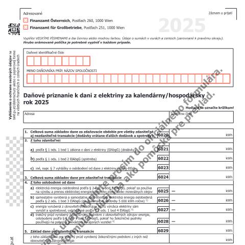 Dokumentvorschau: ELA1-SK — Daňové priznanie k dani z elektriny za kalendárny/hospodársky rok 2025 — Steuern, Österreich (CERFA n°ELA1-SK)