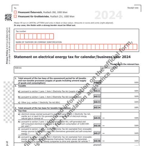 Dokumentvorschau: ELA1-UK — Statement on electrical energy tax for calendar/business year 2024 — Steuern, Österreich (CERFA n°ELA1-UK)