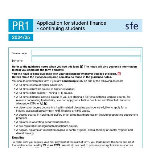 Document preview: Student finance application forms and notes for continuing 2024 to 2025 full-time students — Student Loans Company, United Kingdom