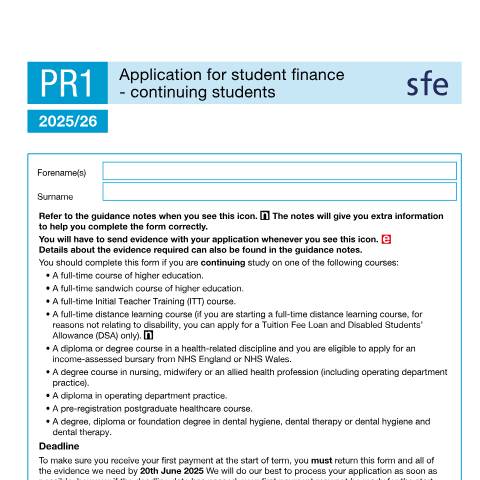 Document preview: Student finance application forms and notes for continuing 2025 to 2026 full-time students — Student Loans Company, United Kingdom