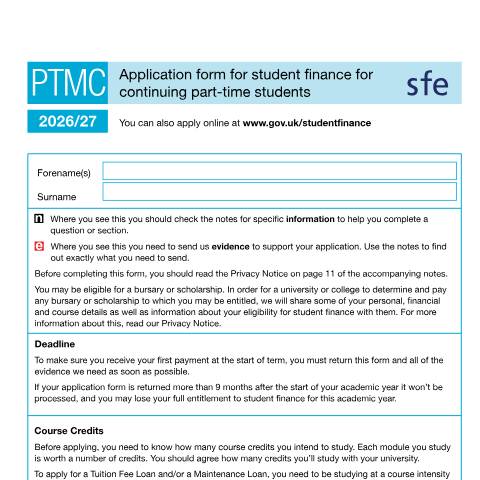 Document preview: Student finance application forms and notes for continuing part-time students — Student Loans Company, United Kingdom
