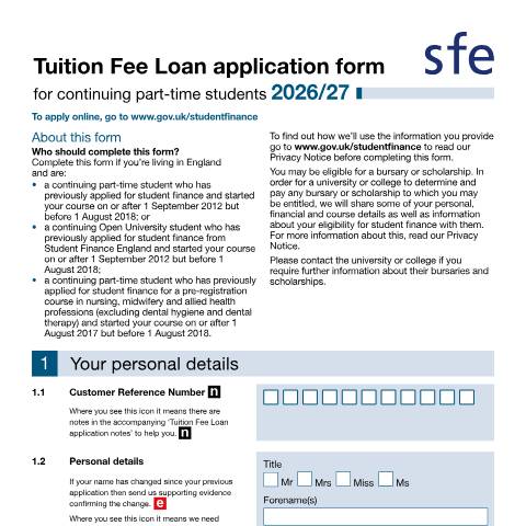 Document preview: Student finance application forms and notes for continuing part-time students for a course that started after September 2012 and before August 2018 — Student Loans Company, United Kingdom