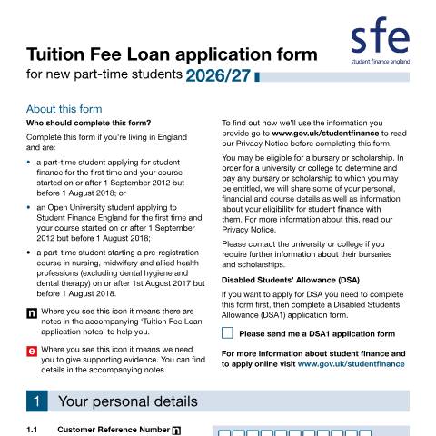 Document preview: Student finance application forms and notes for new part-time students for a course that started after September 2012 and before August 2018 — Student Loans Company, United Kingdom
