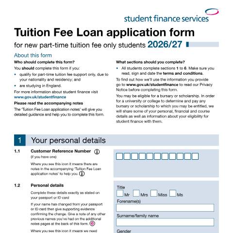 Document preview: Student finance application forms and notes for new 2026 to 2027 part-time tuition fee only students — Student Loans Company, United Kingdom